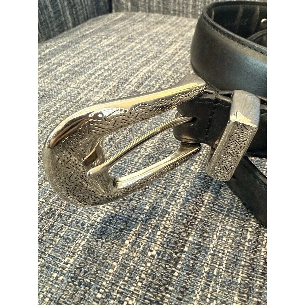Leather Belt‎ Top Grain Leather Black Silver Buckle. 42